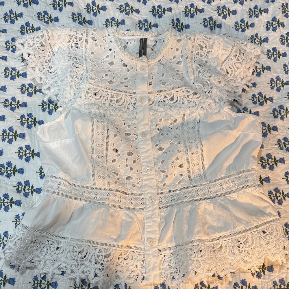 Anthropologie Eyelet Button-Front Peplum Top